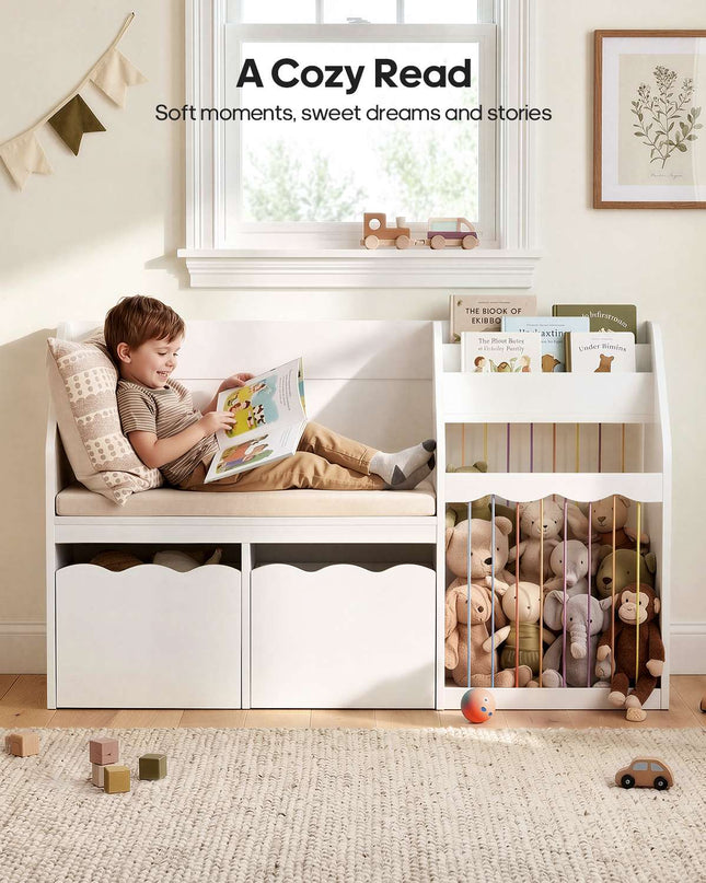 Tarpon Furniture 50 Inch Bookshelf with Reading Nook and Toy Storage Organizer 4-in-1 Kids Bookcase with Padded Bench and 2 Removable Bins for Living Room