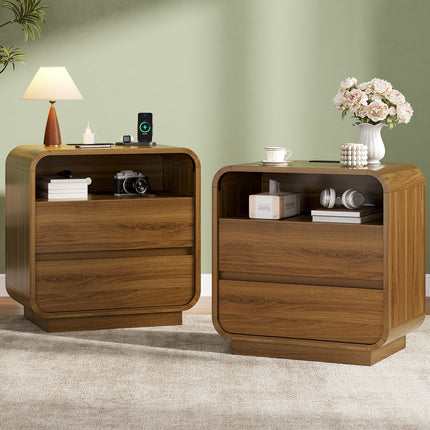 Tarpon Furniture 25 Inch Tall Nightstand with Charging Station and 2 Storage Drawers Curved Modern Mid Century End Table for Bedroom Living Room