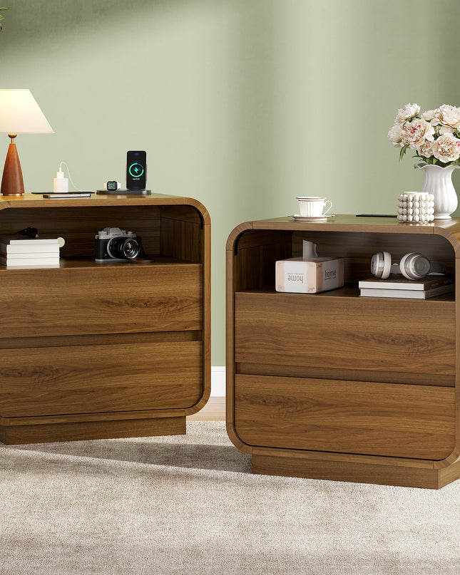 Tarpon Furniture 25 Inch Tall Nightstand with Charging Station and 2 Storage Drawers Curved Modern Mid Century End Table for Bedroom Living Room