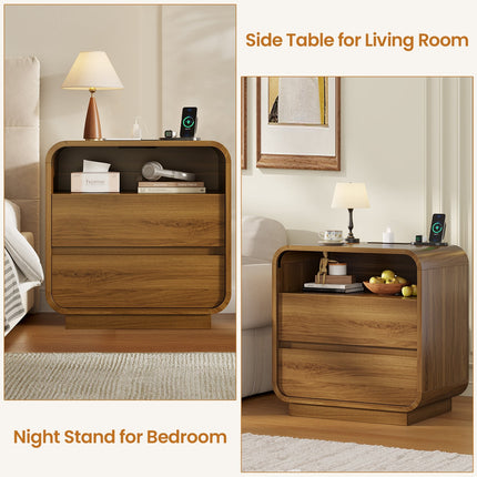 Tarpon Furniture 25 Inch Tall Nightstand with Charging Station and 2 Storage Drawers Curved Modern Mid Century End Table for Bedroom Living Room