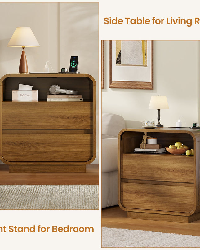 Tarpon Furniture 25 Inch Tall Nightstand with Charging Station and 2 Storage Drawers Curved Modern Mid Century End Table for Bedroom Living Room