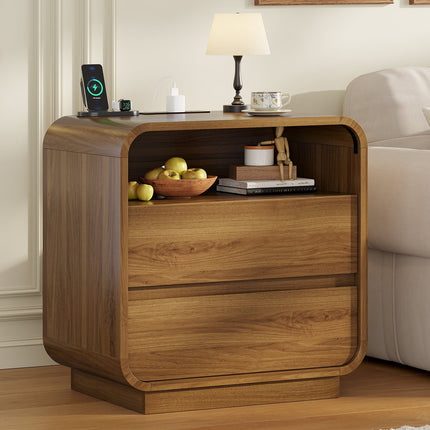 Tarpon Furniture 25 Inch Tall Nightstand with Charging Station and 2 Storage Drawers Curved Modern Mid Century End Table for Bedroom Living Room