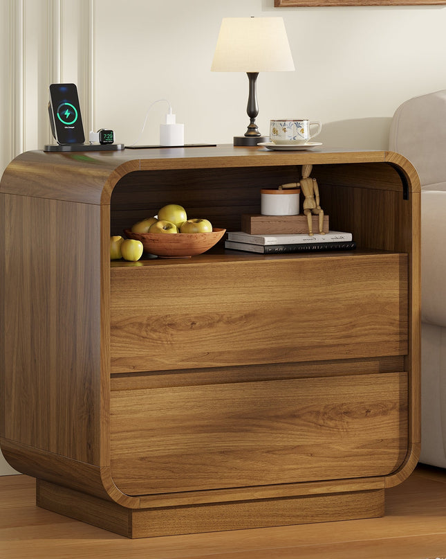 Tarpon Furniture 25 Inch Tall Nightstand with Charging Station and 2 Storage Drawers Curved Modern Mid Century End Table for Bedroom Living Room