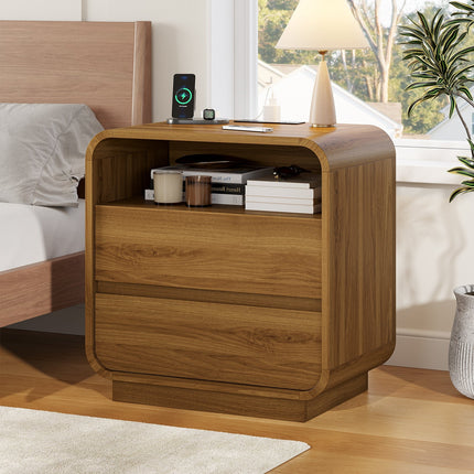 Tarpon Furniture 25 Inch Tall Nightstand with Charging Station and 2 Storage Drawers Curved Modern Mid Century End Table for Bedroom Living Room