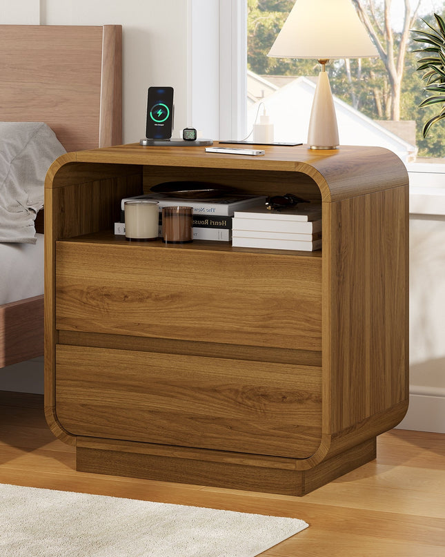Tarpon Furniture 25 Inch Tall Nightstand with Charging Station and 2 Storage Drawers Curved Modern Mid Century End Table for Bedroom Living Room