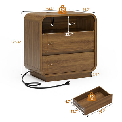 Tarpon Furniture 25 Inch Tall Nightstand with Charging Station and 2 Storage Drawers Curved Modern Mid Century End Table for Bedroom Living Room