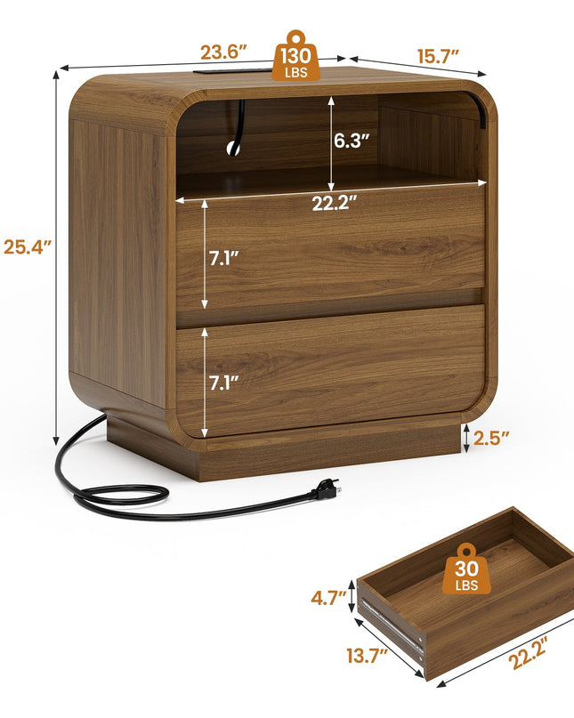 Tarpon Furniture 25 Inch Tall Nightstand with Charging Station and 2 Storage Drawers Curved Modern Mid Century End Table for Bedroom Living Room