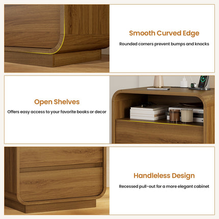 Tarpon Furniture 25 Inch Tall Nightstand with Charging Station and 2 Storage Drawers Curved Modern Mid Century End Table for Bedroom Living Room