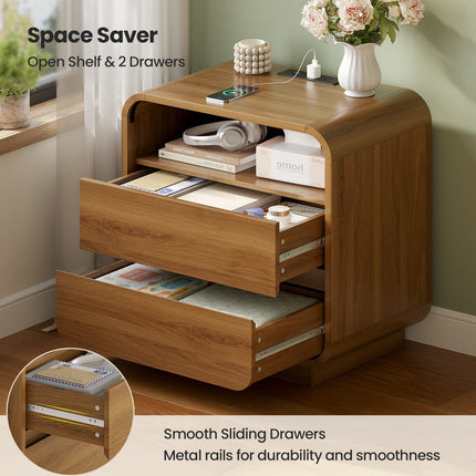 Tarpon Furniture 25 Inch Tall Nightstand with Charging Station and 2 Storage Drawers Curved Modern Mid Century End Table for Bedroom Living Room