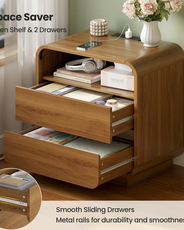Tarpon Furniture 25 Inch Tall Nightstand with Charging Station and 2 Storage Drawers Curved Modern Mid Century End Table for Bedroom Living Room