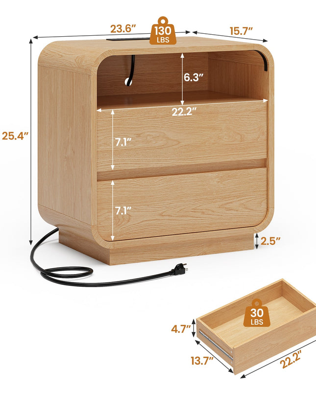 Tarpon Furniture 25 Inch Tall Nightstand with Charging Station and 2 Storage Drawers Curved Modern Mid Century End Table for Bedroom Living Room