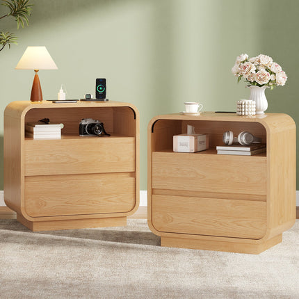 Tarpon Furniture 25 Inch Tall Nightstand with Charging Station and 2 Storage Drawers Curved Modern Mid Century End Table for Bedroom Living Room