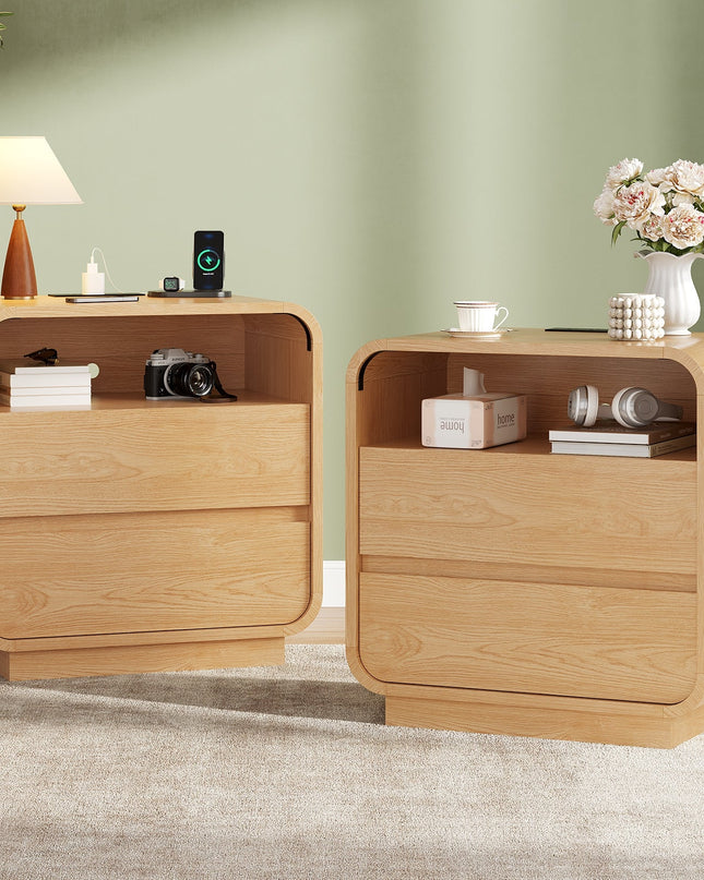 Tarpon Furniture 25 Inch Tall Nightstand with Charging Station and 2 Storage Drawers Curved Modern Mid Century End Table for Bedroom Living Room
