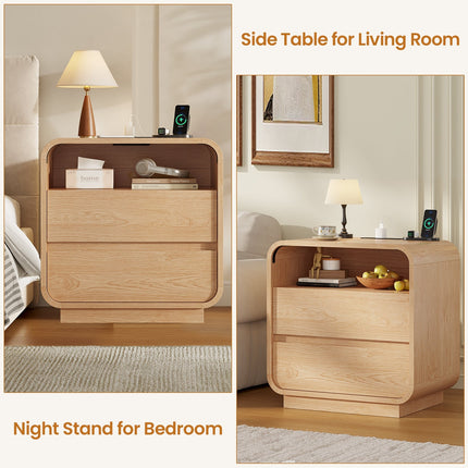 Tarpon Furniture 25 Inch Tall Nightstand with Charging Station and 2 Storage Drawers Curved Modern Mid Century End Table for Bedroom Living Room