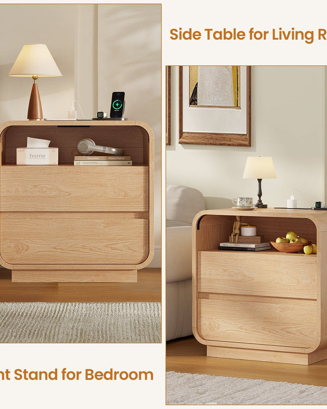 Tarpon Furniture 25 Inch Tall Nightstand with Charging Station and 2 Storage Drawers Curved Modern Mid Century End Table for Bedroom Living Room