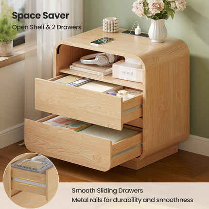 Tarpon Furniture 25 Inch Tall Nightstand with Charging Station and 2 Storage Drawers Curved Modern Mid Century End Table for Bedroom Living Room