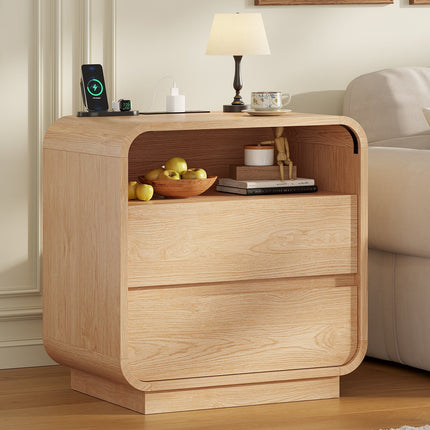 Tarpon Furniture 25 Inch Tall Nightstand with Charging Station and 2 Storage Drawers Curved Modern Mid Century End Table for Bedroom Living Room