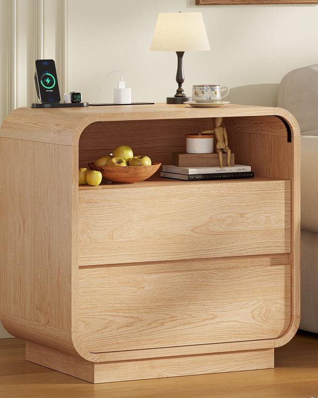 Tarpon Furniture 25 Inch Tall Nightstand with Charging Station and 2 Storage Drawers Curved Modern Mid Century End Table for Bedroom Living Room