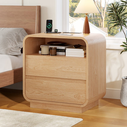 Tarpon Furniture 25 Inch Tall Nightstand with Charging Station and 2 Storage Drawers Curved Modern Mid Century End Table for Bedroom Living Room