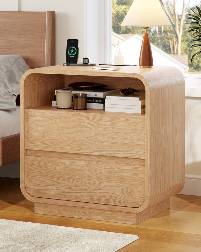 Tarpon Furniture 25 Inch Tall Nightstand with Charging Station and 2 Storage Drawers Curved Modern Mid Century End Table for Bedroom Living Room