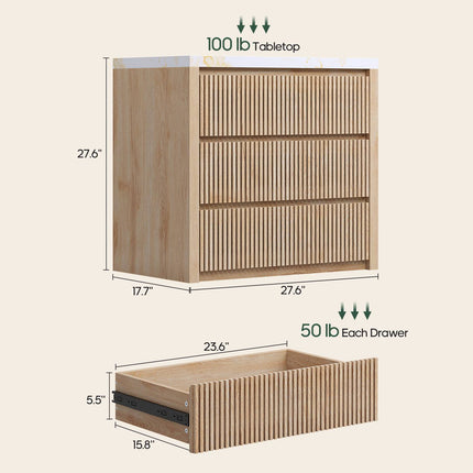 Tarpon Furniture 27.6 Inch Tall Nightstand Extra Large Fluted Wood Bedside Table with 3 Drawers for Bedroom Living Room