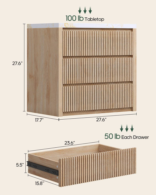 Tarpon Furniture 27.6 Inch Tall Nightstand Extra Large Fluted Wood Bedside Table with 3 Drawers for Bedroom Living Room