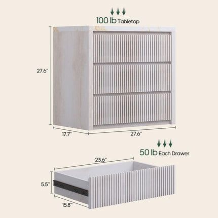 Tarpon Furniture 27.6 Inch Tall Nightstand Extra Large Fluted Wood Bedside Table with 3 Drawers for Bedroom Living Room