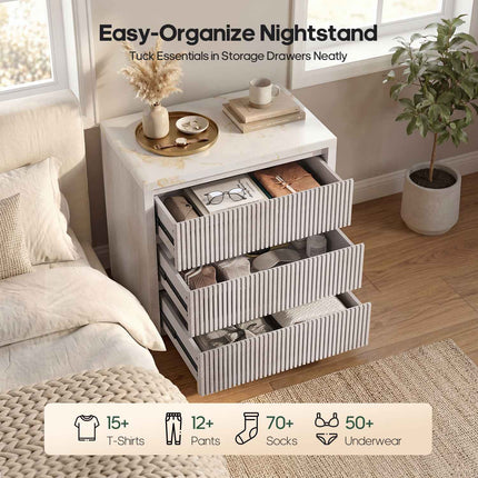 Tarpon Furniture 27.6 Inch Tall Nightstand Extra Large Fluted Wood Bedside Table with 3 Drawers for Bedroom Living Room