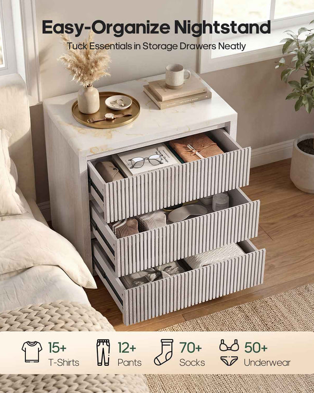 Tarpon Furniture 27.6 Inch Tall Nightstand Extra Large Fluted Wood Bedside Table with 3 Drawers for Bedroom Living Room