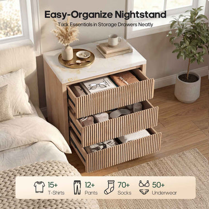 Tarpon Furniture 27.6 Inch Tall Nightstand Extra Large Fluted Wood Bedside Table with 3 Drawers for Bedroom Living Room