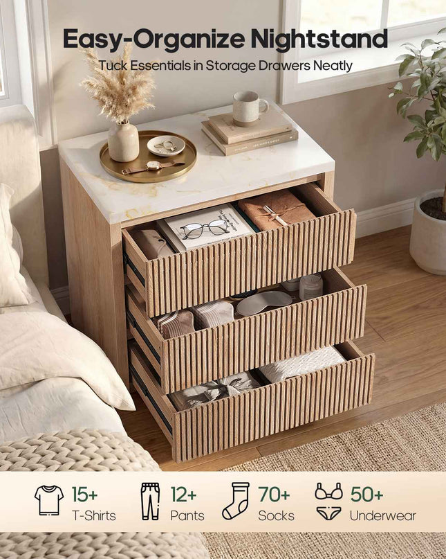 Tarpon Furniture 27.6 Inch Tall Nightstand Extra Large Fluted Wood Bedside Table with 3 Drawers for Bedroom Living Room