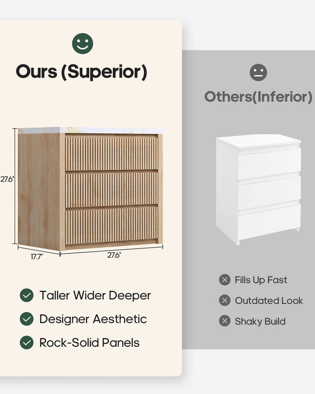 Tarpon Furniture 27.6 Inch Tall Nightstand Extra Large Fluted Wood Bedside Table with 3 Drawers for Bedroom Living Room