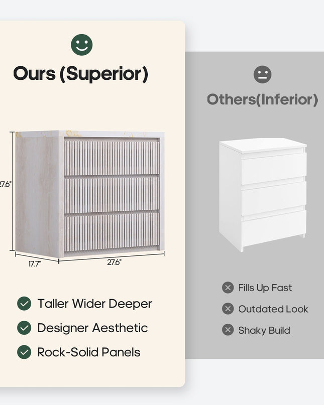 Tarpon Furniture 27.6 Inch Tall Nightstand Extra Large Fluted Wood Bedside Table with 3 Drawers for Bedroom Living Room