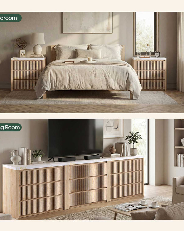 Tarpon Furniture 27.6 Inch Tall Nightstand Extra Large Fluted Wood Bedside Table with 3 Drawers for Bedroom Living Room